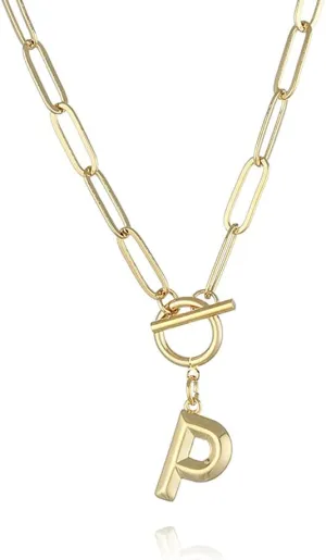 Eben-Ezer Toggle Clasp Capital A-Z Initial Necklace for Women Hiphop Plated Brass Alphabet Pendant Necklaces Thick Chain OT Buckle Necklace(P)