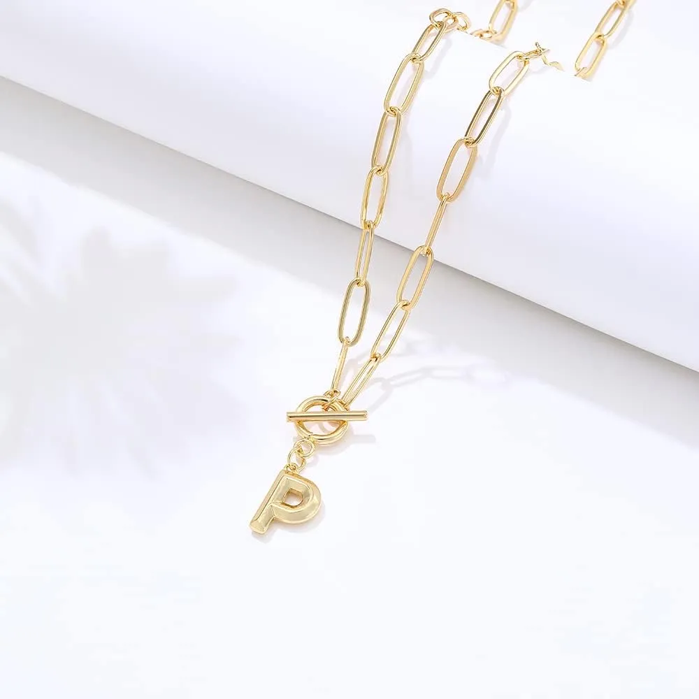 Eben-Ezer Toggle Clasp Capital A-Z Initial Necklace for Women Hiphop Plated Brass Alphabet Pendant Necklaces Thick Chain OT Buckle Necklace(P)