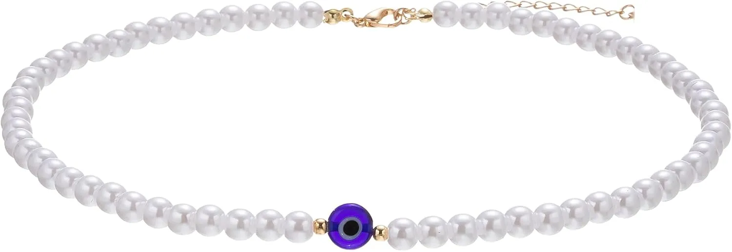 Evil Eye & Fake Pearls Beaded Necklace, Protection Lucky Everyday Pearl Choker Necklaces for Women Teen Girls