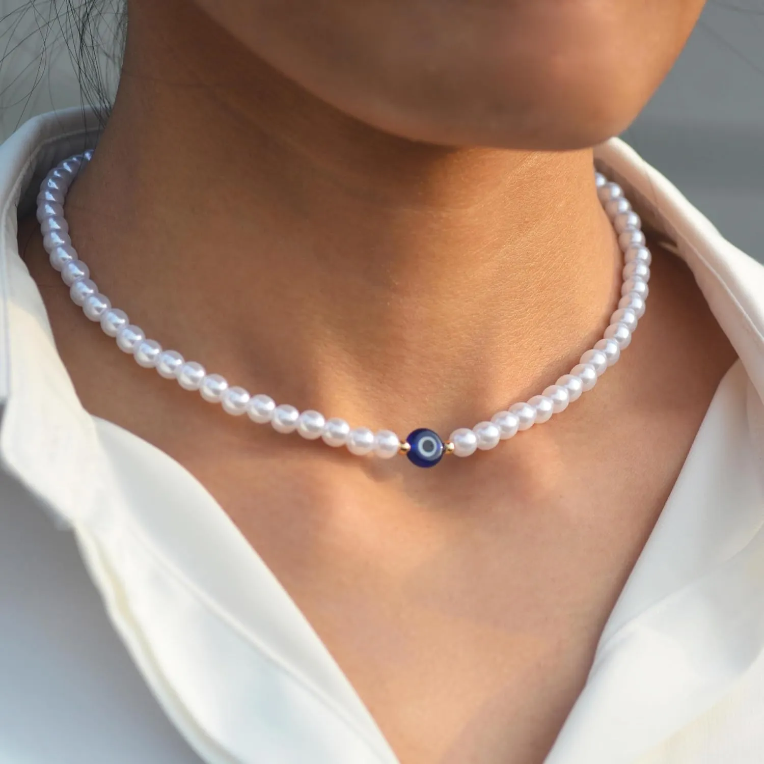 Evil Eye & Fake Pearls Beaded Necklace, Protection Lucky Everyday Pearl Choker Necklaces for Women Teen Girls