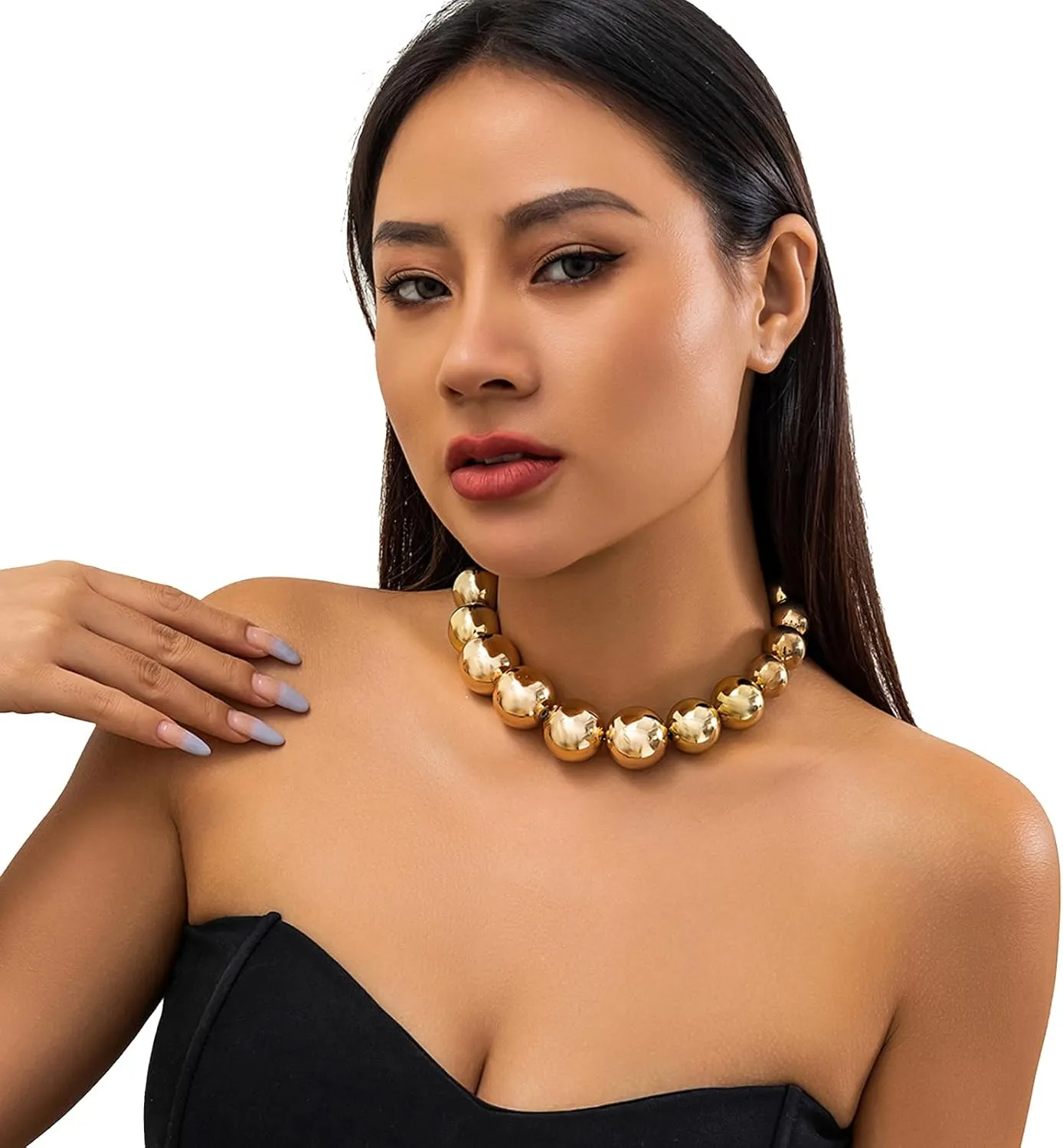 Exaggerated Multi Layered Metal Beaed Choker Necklaces Punk Big Ball Clavicle Chain Necklace Gothic Neck Jewelry Statement Collar Body Chain Necklace for Women