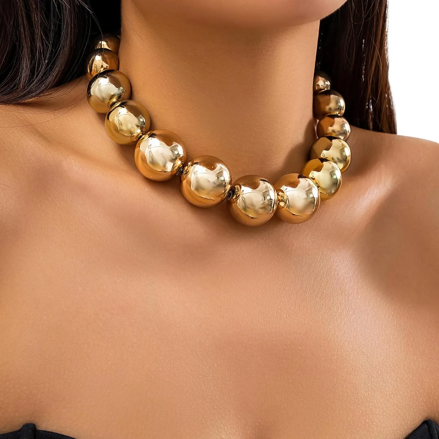 Exaggerated Multi Layered Metal Beaed Choker Necklaces Punk Big Ball Clavicle Chain Necklace Gothic Neck Jewelry Statement Collar Body Chain Necklace for Women