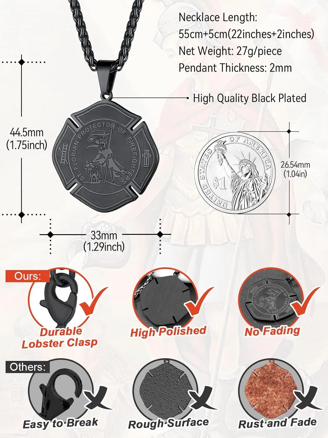 FaithHeart St Florian Firefighter Necklace for Men, Silver/Black Stainless Steel Protection Amulet Medal Pendant Necklaces Catholic Jewelry Gifts for Police Father Son
