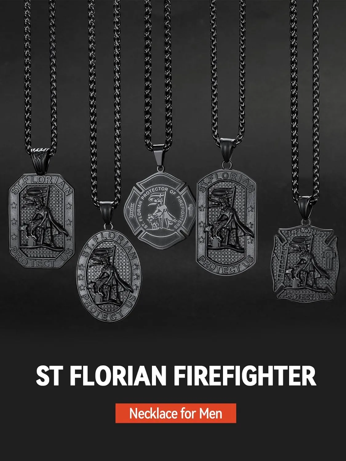 FaithHeart St Florian Firefighter Necklace for Men, Silver/Black Stainless Steel Protection Amulet Medal Pendant Necklaces Catholic Jewelry Gifts for Police Father Son