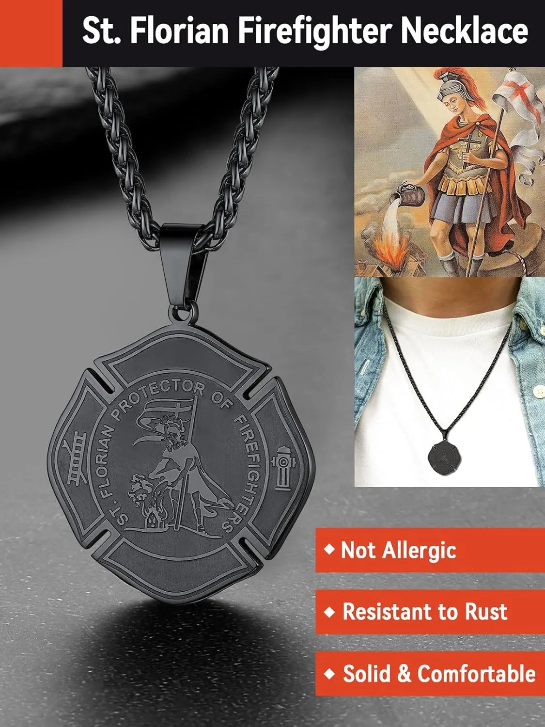 FaithHeart St Florian Firefighter Necklace for Men, Silver/Black Stainless Steel Protection Amulet Medal Pendant Necklaces Catholic Jewelry Gifts for Police Father Son