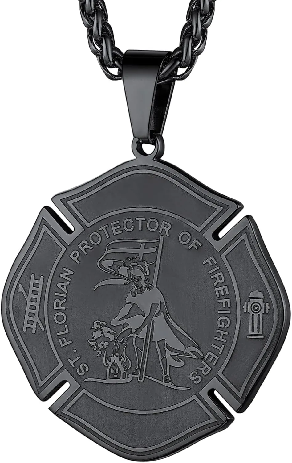 FaithHeart St Florian Firefighter Necklace for Men, Silver/Black Stainless Steel Protection Amulet Medal Pendant Necklaces Catholic Jewelry Gifts for Police Father Son