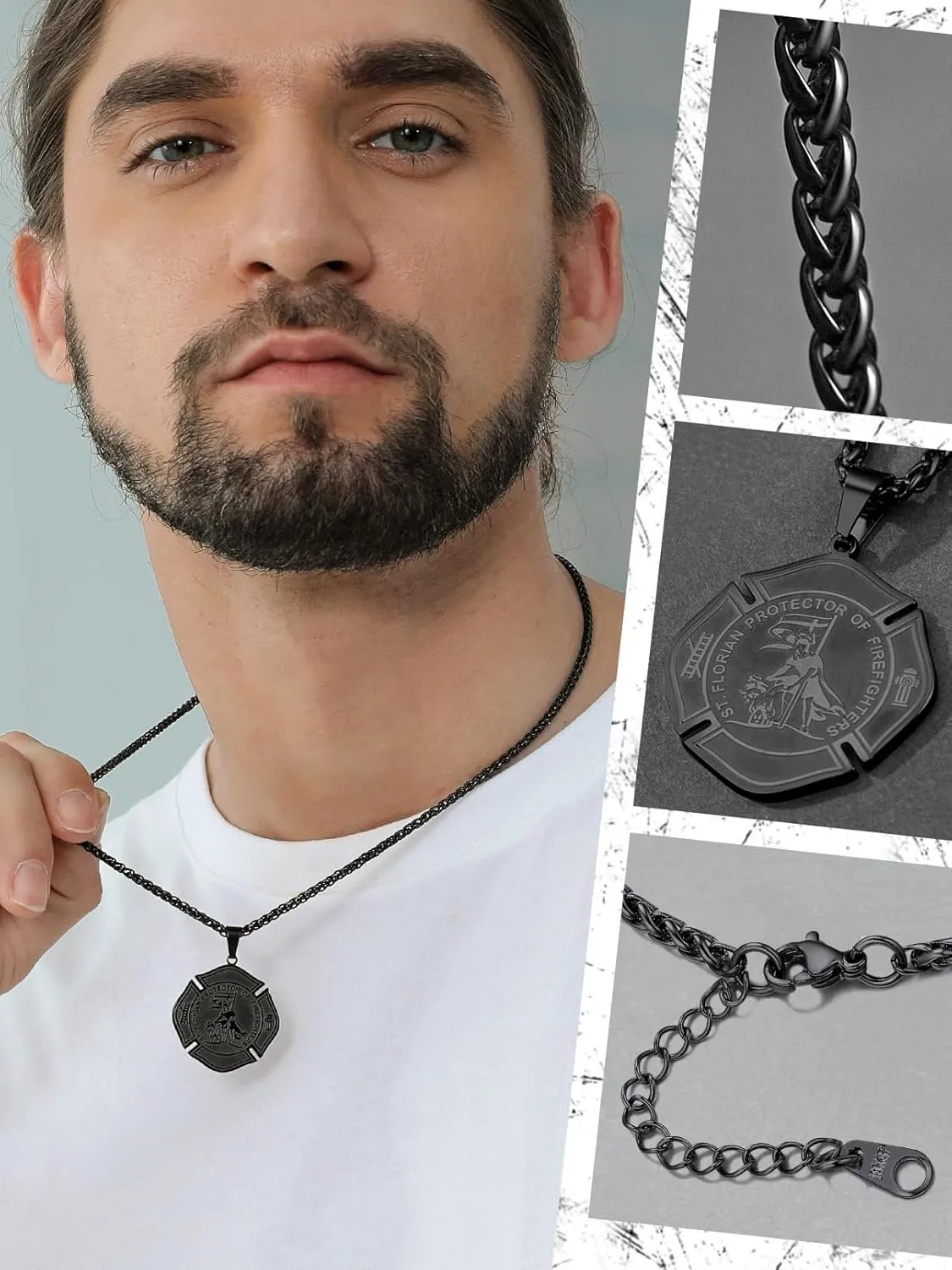FaithHeart St Florian Firefighter Necklace for Men, Silver/Black Stainless Steel Protection Amulet Medal Pendant Necklaces Catholic Jewelry Gifts for Police Father Son