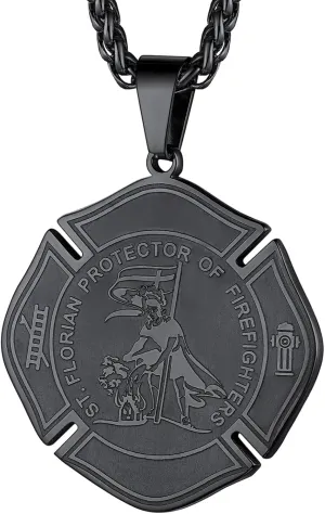 FaithHeart St Florian Firefighter Necklace for Men, Silver/Black Stainless Steel Protection Amulet Medal Pendant Necklaces Catholic Jewelry Gifts for Police Father Son