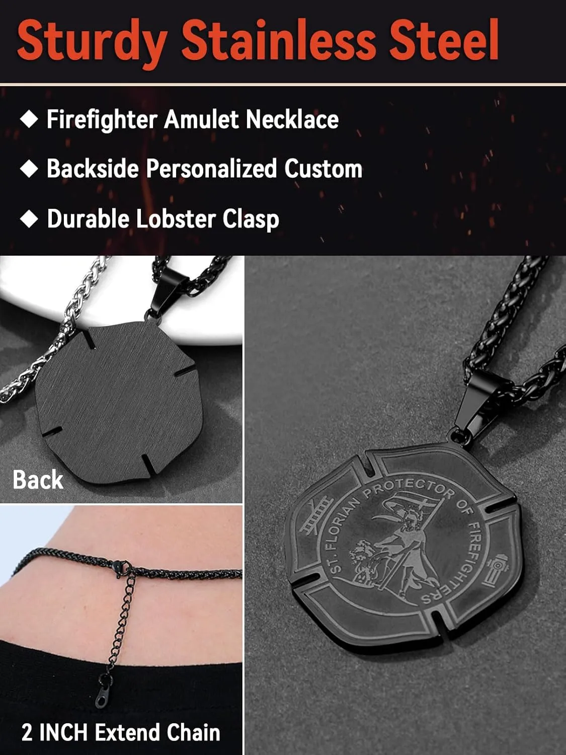 FaithHeart St Florian Firefighter Necklace for Men, Silver/Black Stainless Steel Protection Amulet Medal Pendant Necklaces Catholic Jewelry Gifts for Police Father Son