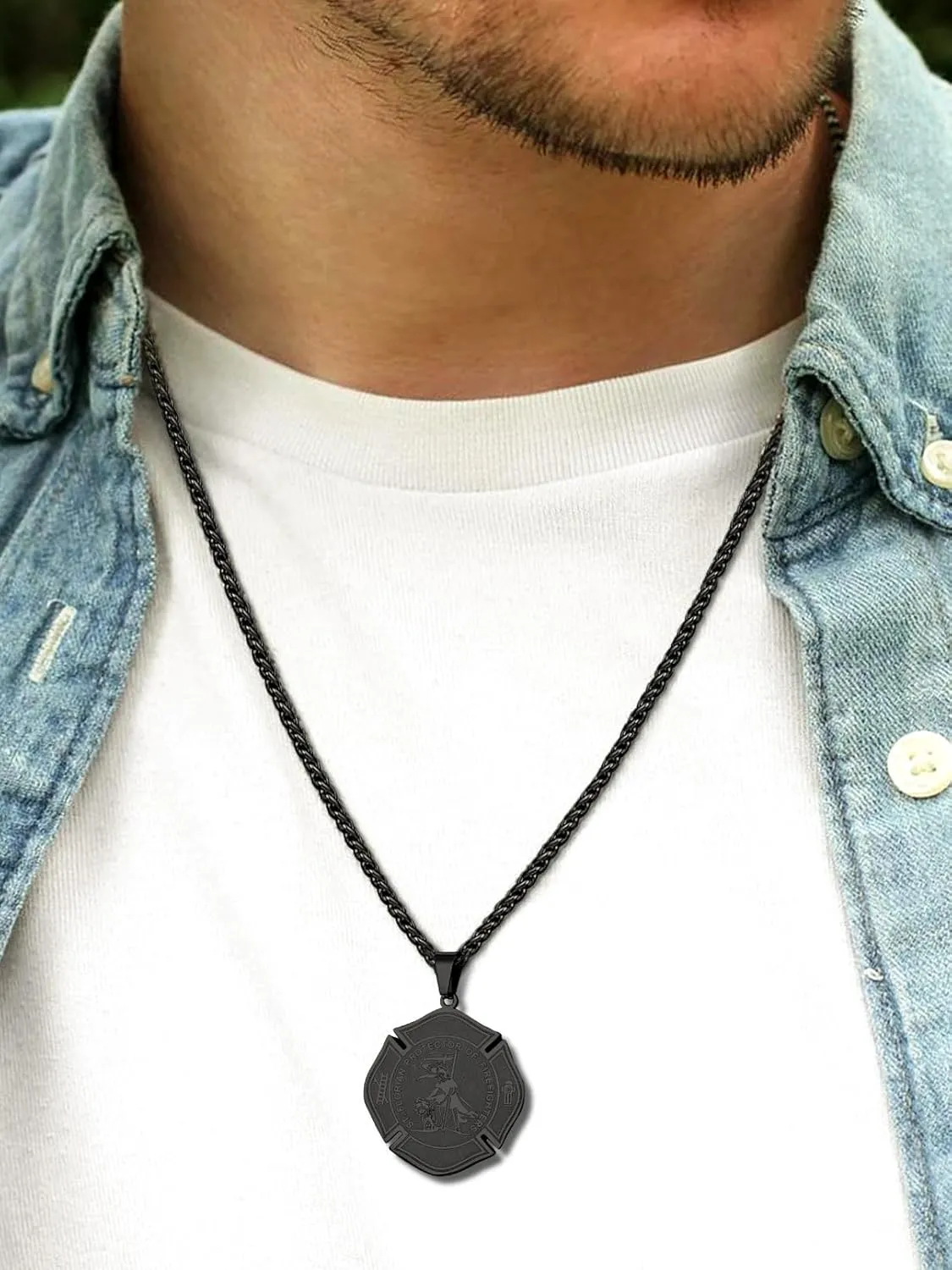 FaithHeart St Florian Firefighter Necklace for Men, Silver/Black Stainless Steel Protection Amulet Medal Pendant Necklaces Catholic Jewelry Gifts for Police Father Son