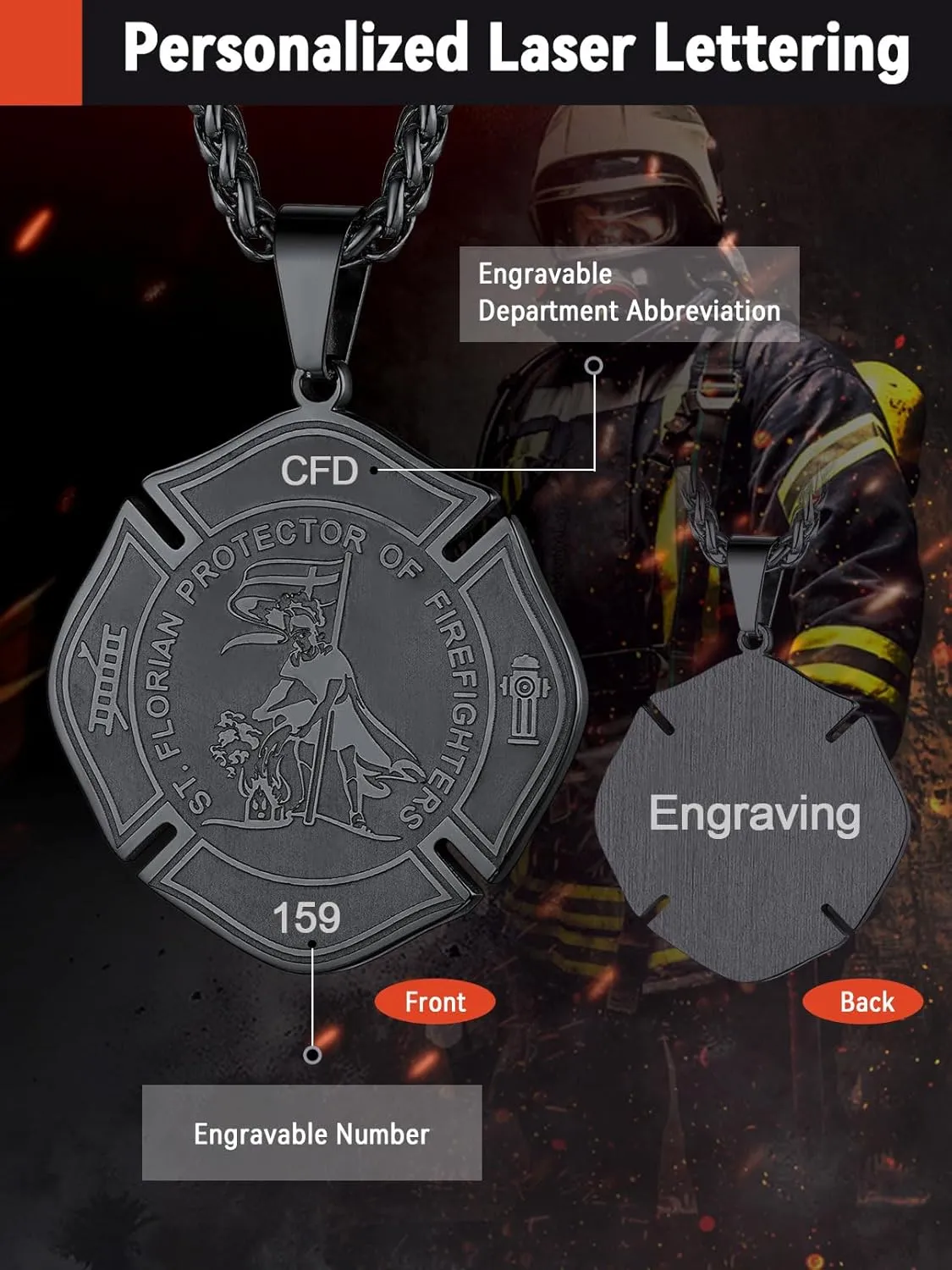 FaithHeart St Florian Firefighter Necklace for Men, Silver/Black Stainless Steel Protection Amulet Medal Pendant Necklaces Catholic Jewelry Gifts for Police Father Son