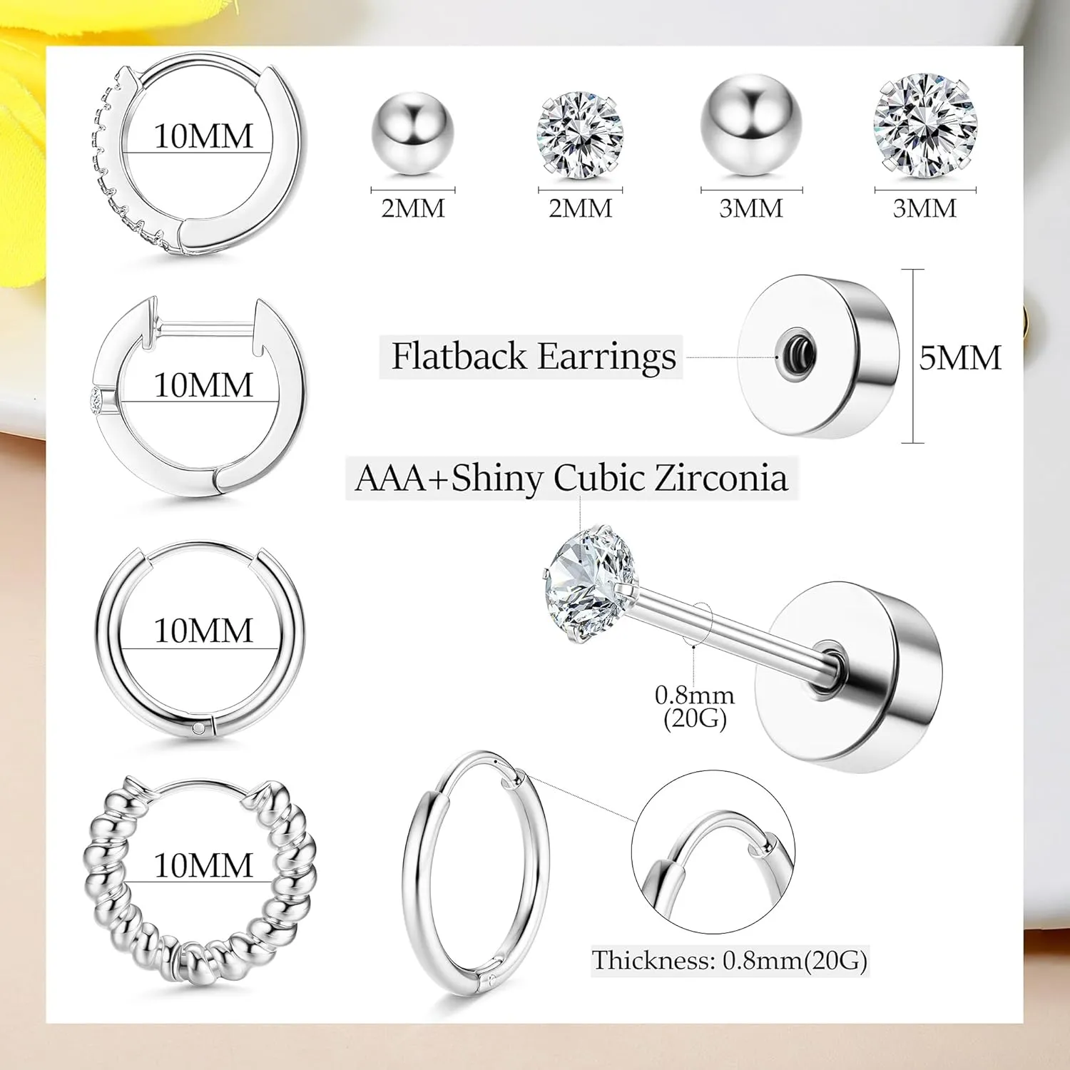 Fansilver 8 Pairs Flatback Stud Earrings for Women 14K Gold Filled Stud Earring Sets for Multiple Piercing Hypoallergenic Huggie Hoop Earrings Tiny Ball CZ Flat Back Stud Earrings for Teen