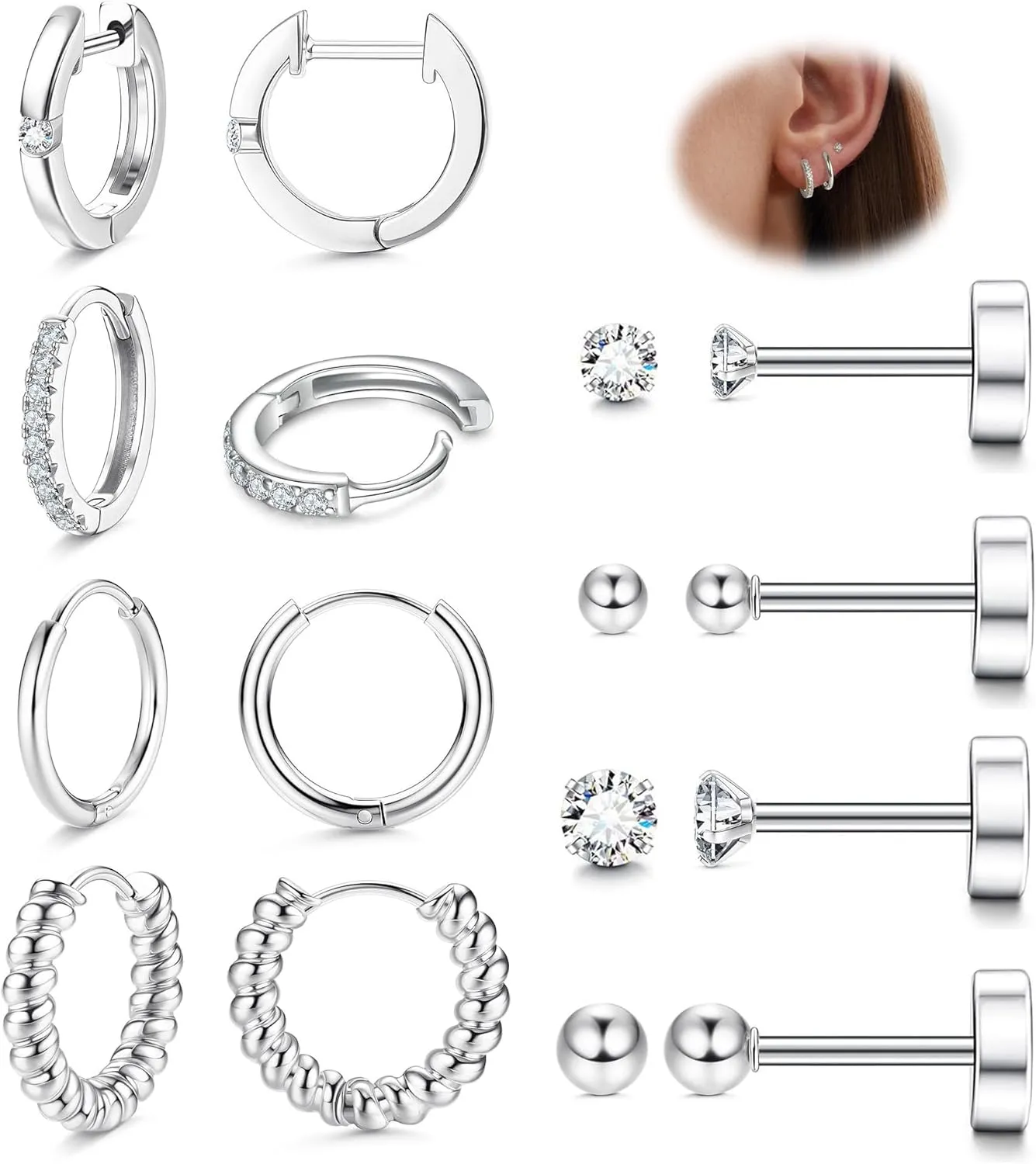 Fansilver 8 Pairs Flatback Stud Earrings for Women 14K Gold Filled Stud Earring Sets for Multiple Piercing Hypoallergenic Huggie Hoop Earrings Tiny Ball CZ Flat Back Stud Earrings for Teen