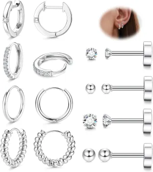 Fansilver 8 Pairs Flatback Stud Earrings for Women 14K Gold Filled Stud Earring Sets for Multiple Piercing Hypoallergenic Huggie Hoop Earrings Tiny Ball CZ Flat Back Stud Earrings for Teen