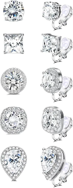 FASACCO Cubic Zirconia Clip on Earrings Women Hypoallergenic Comfortable Non Pierced Earrings for Wedding and Dance Competitions Silver Clip-on Earrings