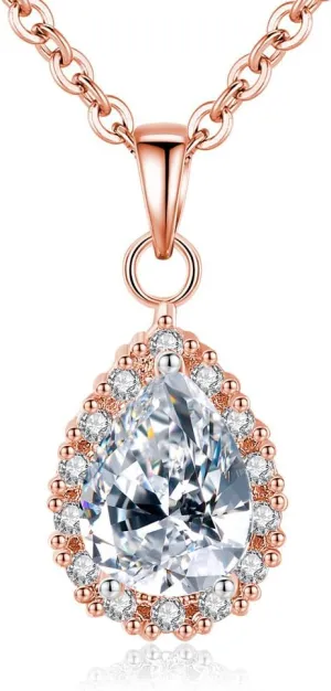Fashion Pear Shape Cubic Zirconia Teardrop Pendant Clavicle Necklace Platinum Plated Rose Gold Bridal Wedding Jewelry Gift Jewellery (Rose Gold)