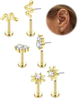 FIASASO 14K Gold Plated Flat Back Stud Earrings - 20G 18G 16G Hypoallergenic Surgical Steel Threadless Push in CZ Heart Snake Star Stud Piercing Jewelry Tragus Helix Cartilage Conch Nose Lip Monroe Labret Medusa