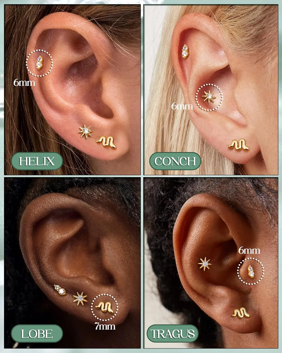 FIASASO 14K Gold Plated Flat Back Stud Earrings - 20G 18G 16G Hypoallergenic Surgical Steel Threadless Push in CZ Heart Snake Star Stud Piercing Jewelry Tragus Helix Cartilage Conch Nose Lip Monroe Labret Medusa