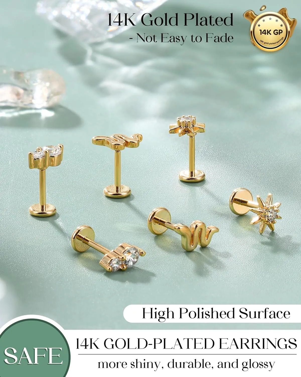 FIASASO 14K Gold Plated Flat Back Stud Earrings - 20G 18G 16G Hypoallergenic Surgical Steel Threadless Push in CZ Heart Snake Star Stud Piercing Jewelry Tragus Helix Cartilage Conch Nose Lip Monroe Labret Medusa