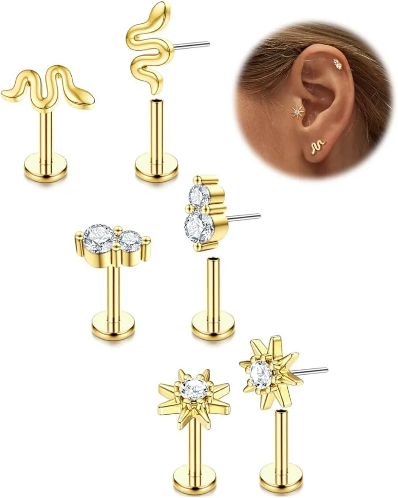 FIASASO 14K Gold Plated Flat Back Stud Earrings - 20G 18G 16G Hypoallergenic Surgical Steel Threadless Push in CZ Heart Snake Star Stud Piercing Jewelry Tragus Helix Cartilage Conch Nose Lip Monroe Labret Medusa