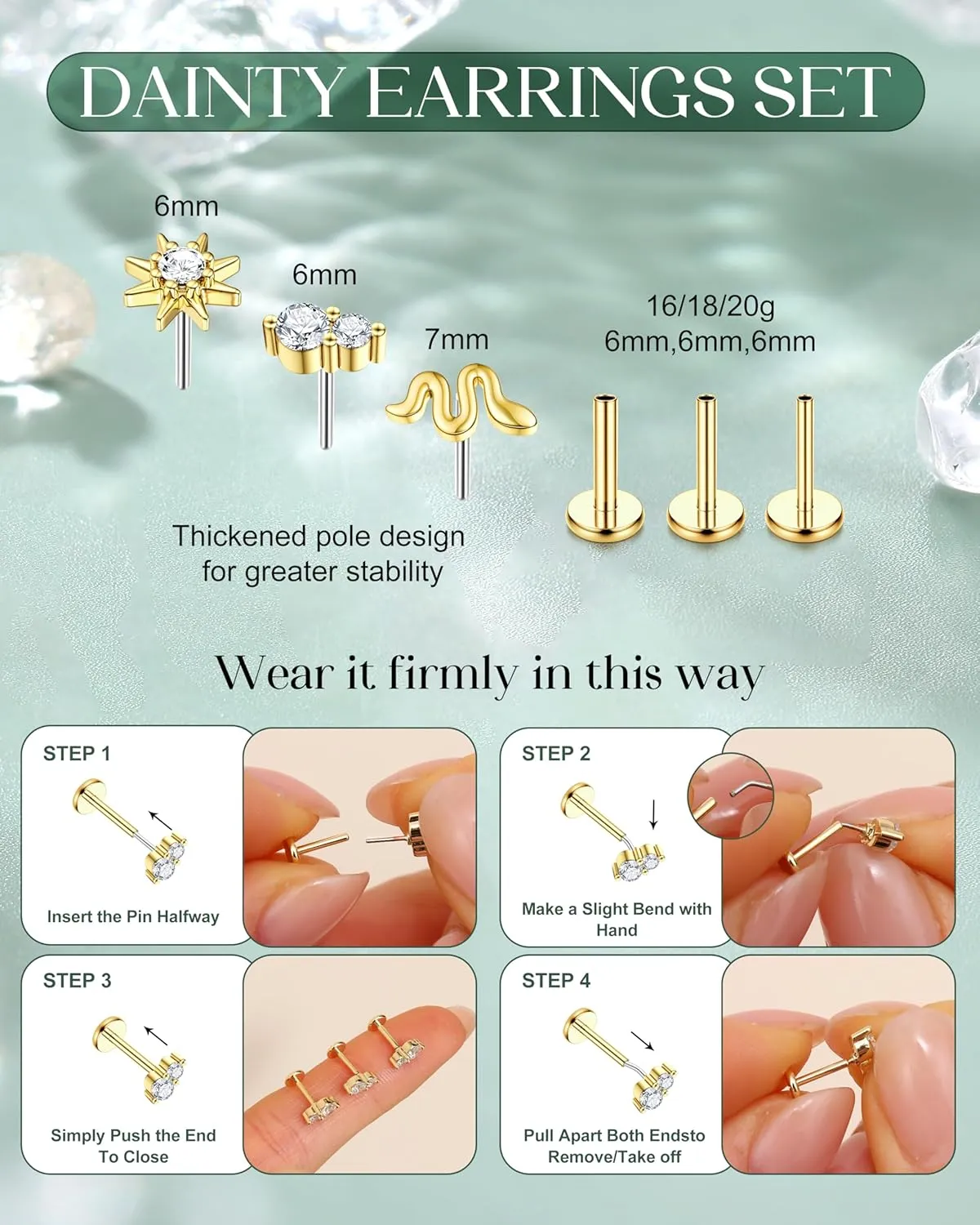 FIASASO 14K Gold Plated Flat Back Stud Earrings - 20G 18G 16G Hypoallergenic Surgical Steel Threadless Push in CZ Heart Snake Star Stud Piercing Jewelry Tragus Helix Cartilage Conch Nose Lip Monroe Labret Medusa
