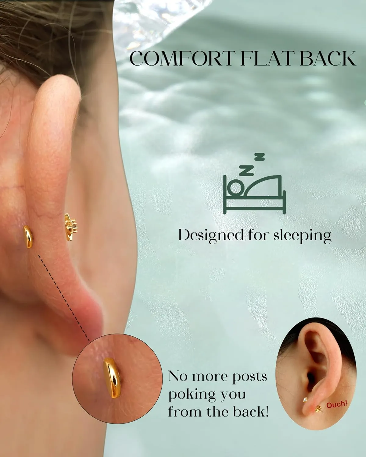 FIASASO 14K Gold Plated Flat Back Stud Earrings - 20G 18G 16G Hypoallergenic Surgical Steel Threadless Push in CZ Heart Snake Star Stud Piercing Jewelry Tragus Helix Cartilage Conch Nose Lip Monroe Labret Medusa
