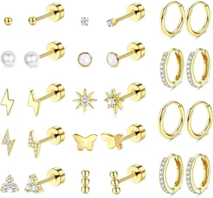 FIASASO Flat Back Earrings for Women Hypoallergenic - Surgical Steel Stud Hoop Earrings for Sensitive Ears Stainless Steel Flatback Earings Screw Back Cartilage Earring Set