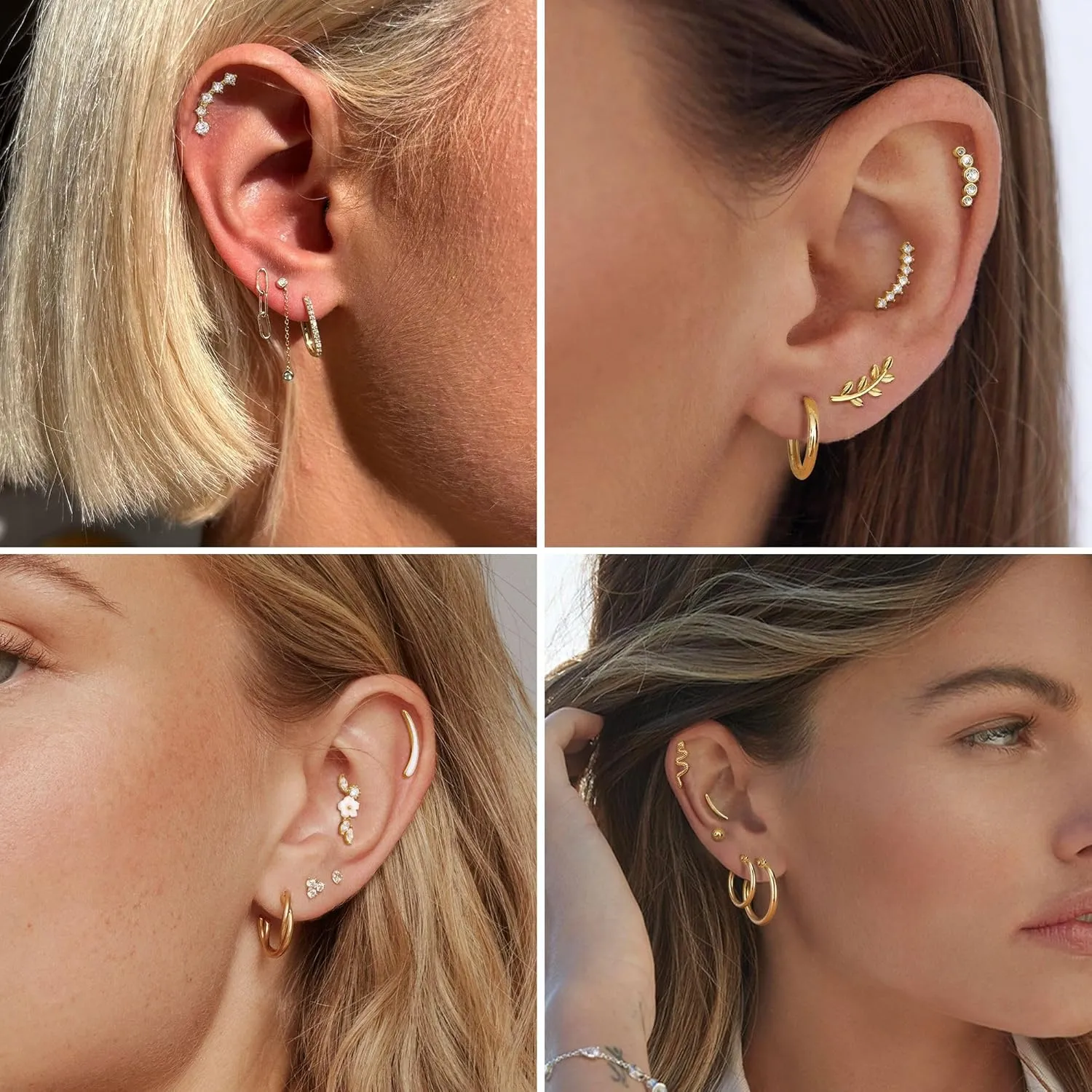 FIBO STEEL 8 PCS 16G Cartilage Earrings Helix Piercing Jewelry for Women Stainless Steel Opal CZ Conch Daith Tragus Piercing Jewelry Flower Snake Leaf Screw Back Stud Earrings Set