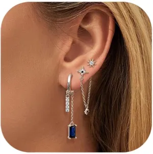 FIBO STEEL Sterling Silver Earring Sets for Multiple Piercing 14K Gold Plated Dainty Earrings for Women Hypoallergenic Huggie Hoop Drop Dangle Stud Earrings Cartilage Earring Set