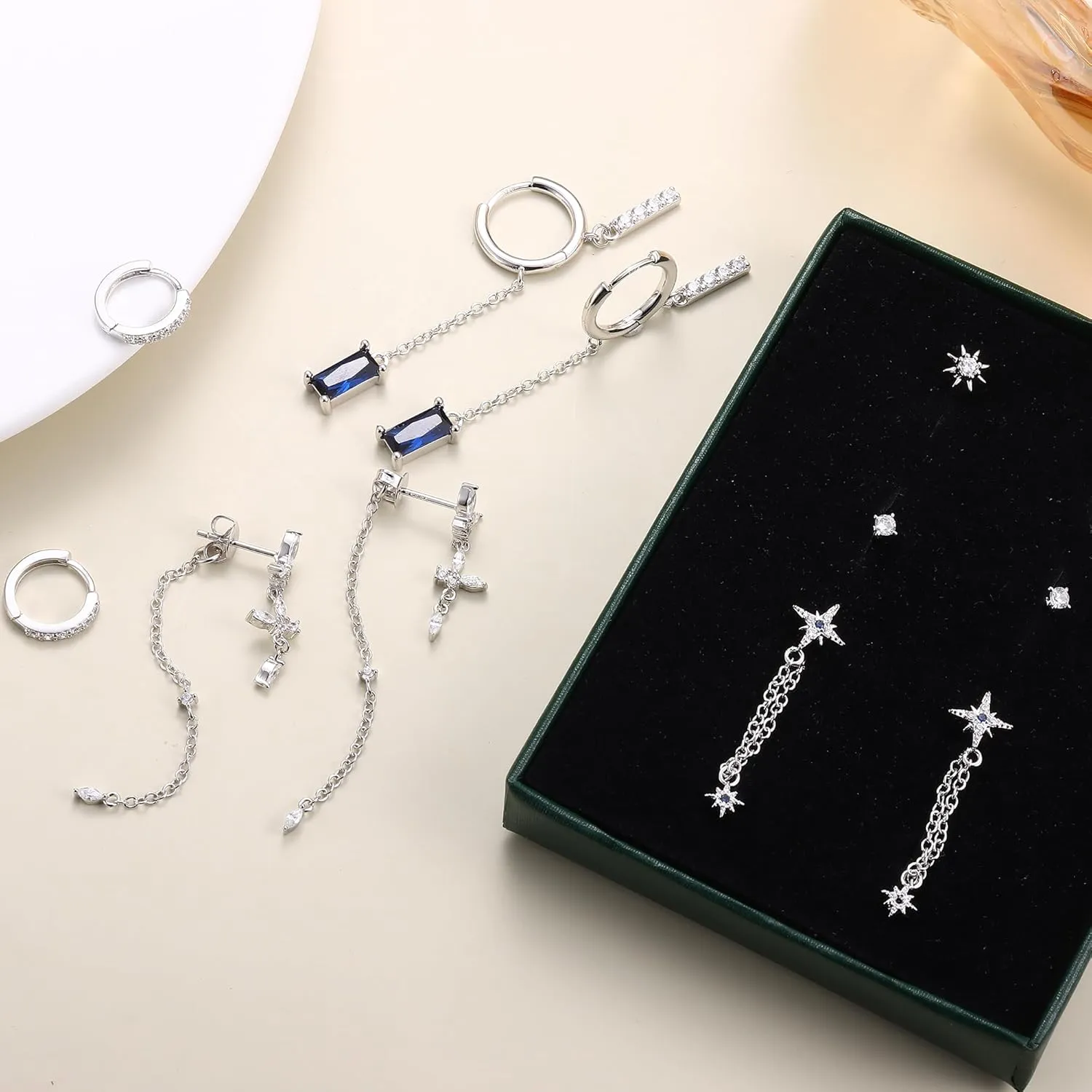 FIBO STEEL Sterling Silver Earring Sets for Multiple Piercing 14K Gold Plated Dainty Earrings for Women Hypoallergenic Huggie Hoop Drop Dangle Stud Earrings Cartilage Earring Set