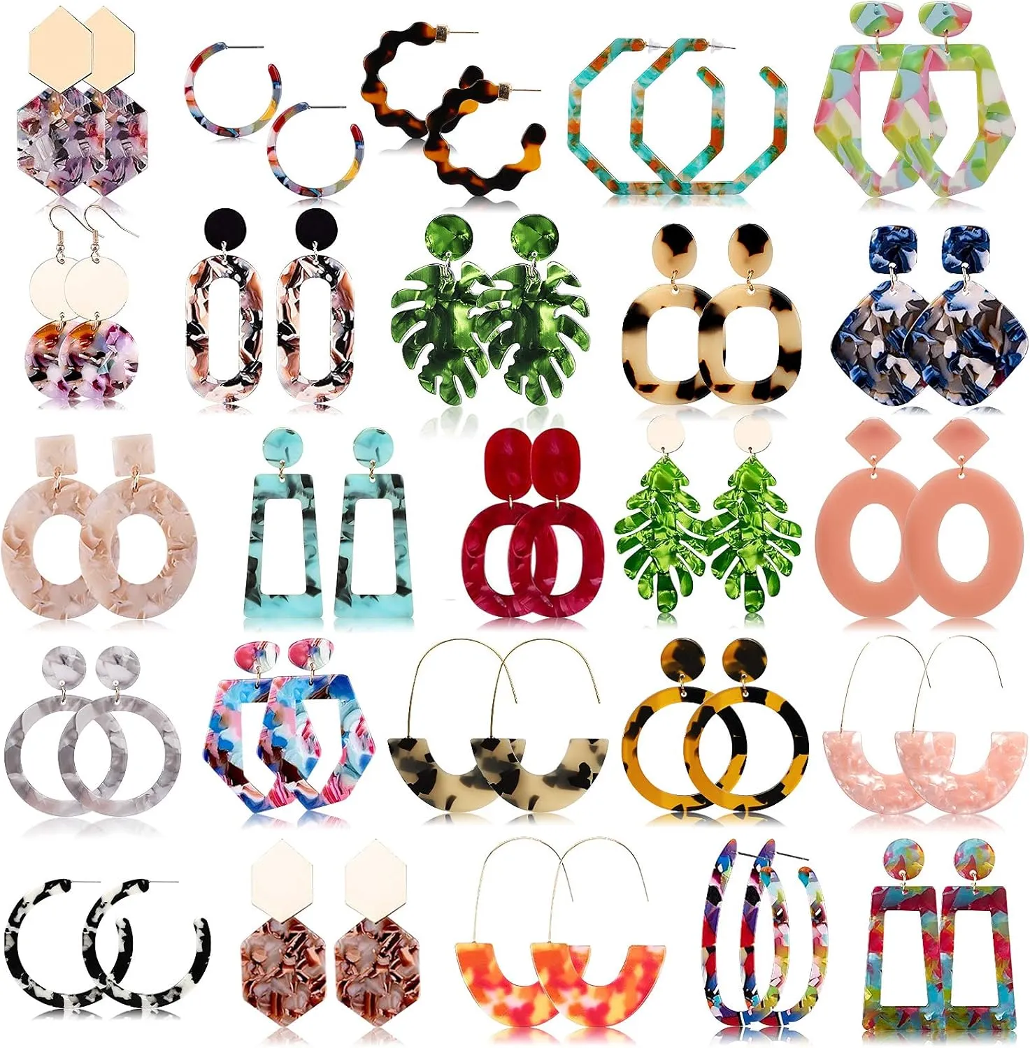 FIFATA 25 Pairs Acrylic Resin Statement Earrings Set for Women Mottled Hoop Fashion Drop Dangle Jewelry Hypoallergenic for Sensitive Ears