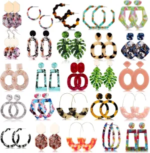 FIFATA 25 Pairs Acrylic Resin Statement Earrings Set for Women Mottled Hoop Fashion Drop Dangle Jewelry Hypoallergenic for Sensitive Ears
