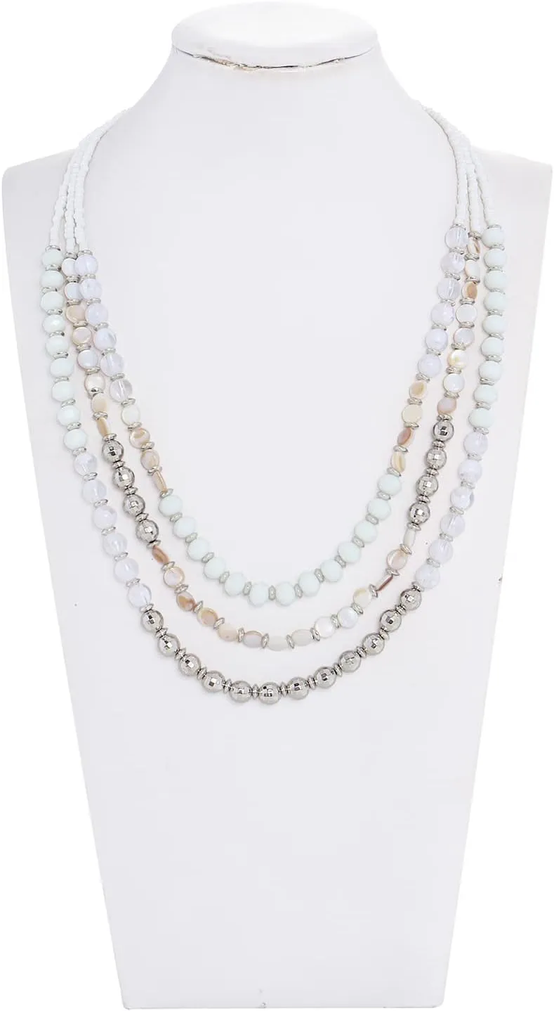Firstmeet 3 Layered Glass Beads Statement Necklace Mother of Shell Jewelry for Women