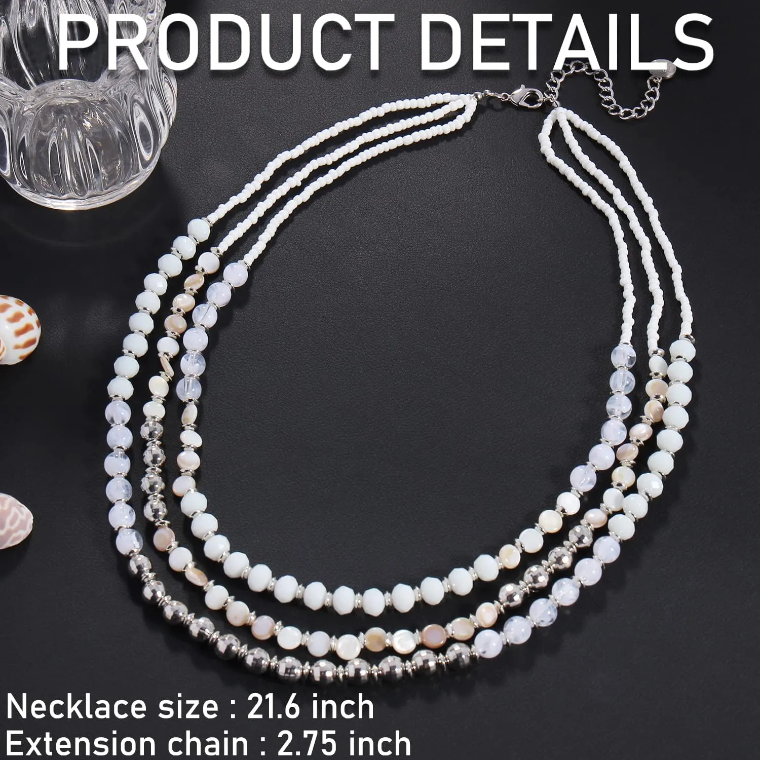 Firstmeet 3 Layered Glass Beads Statement Necklace Mother of Shell Jewelry for Women