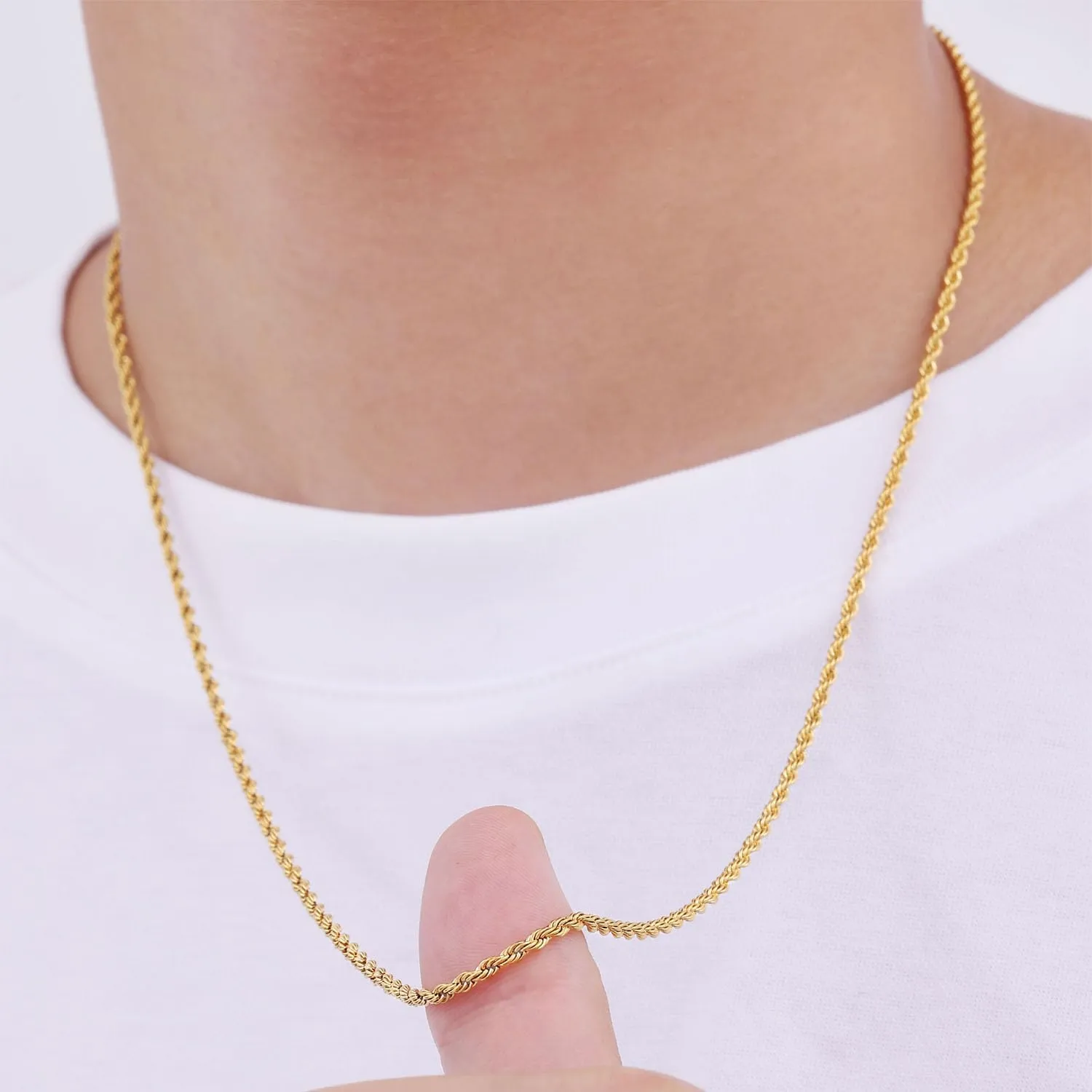 Fiusem Gold Plated Rope Chain for Men, 18K Gold Plated Chain Necklace, Stainless Steel Necklace for Men and Women