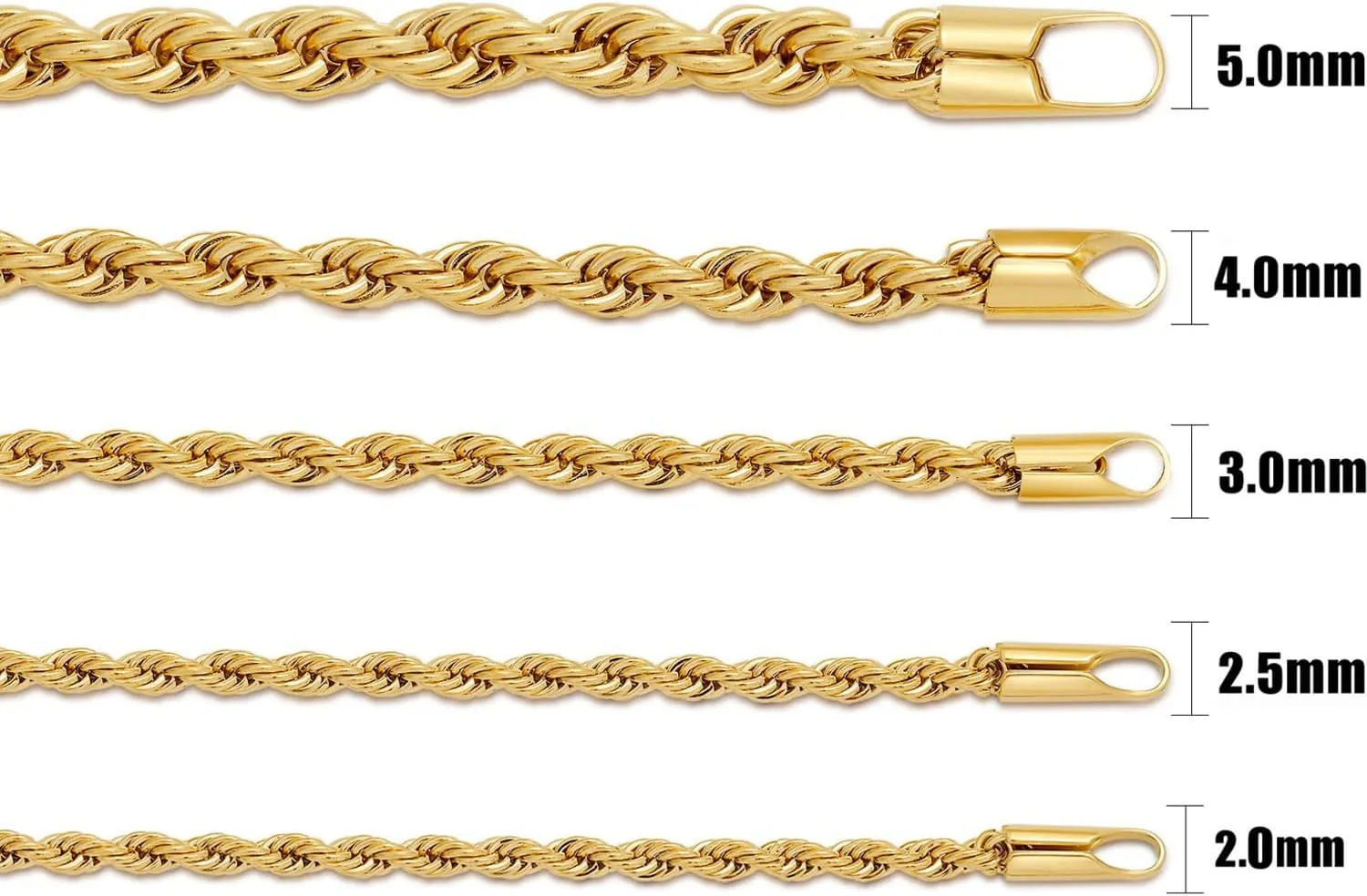 Fiusem Gold Plated Rope Chain for Men, 18K Gold Plated Chain Necklace, Stainless Steel Necklace for Men and Women