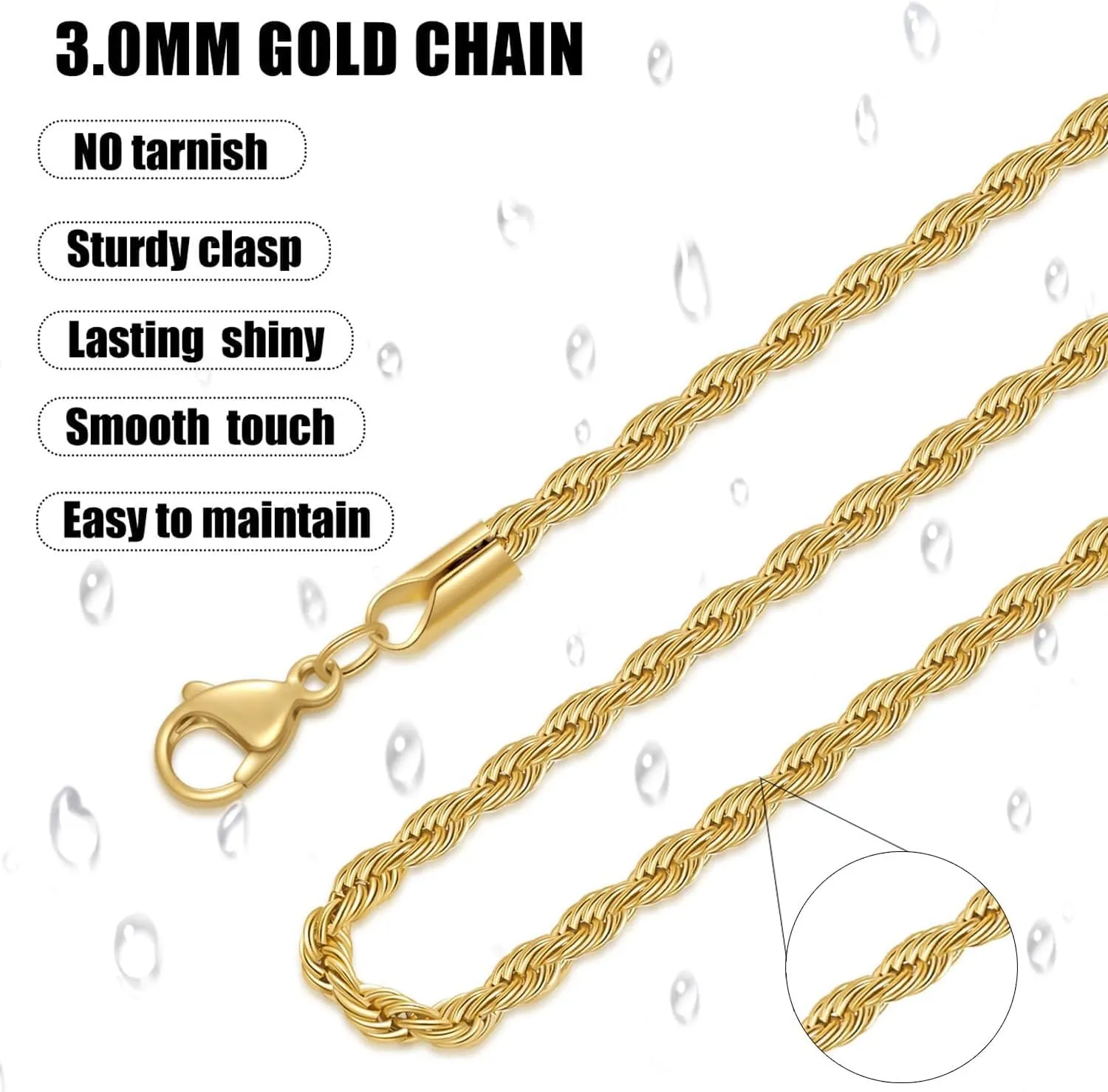 Fiusem Gold Plated Rope Chain for Men, 18K Gold Plated Chain Necklace, Stainless Steel Necklace for Men and Women