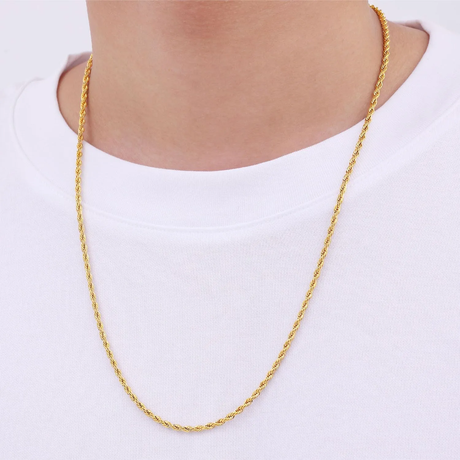 Fiusem Gold Plated Rope Chain for Men, 18K Gold Plated Chain Necklace, Stainless Steel Necklace for Men and Women