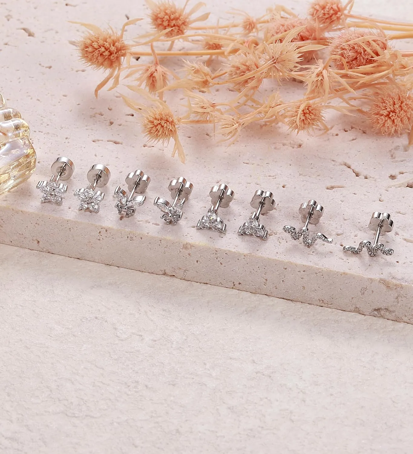 Flat Back Stud Earrings for Girls Women 14K Gold Plated Cartilage Stud Earrings 20G Hypoallergenic Surgical Steel Silver Butterfly Screw Back Nap Earrings Studs