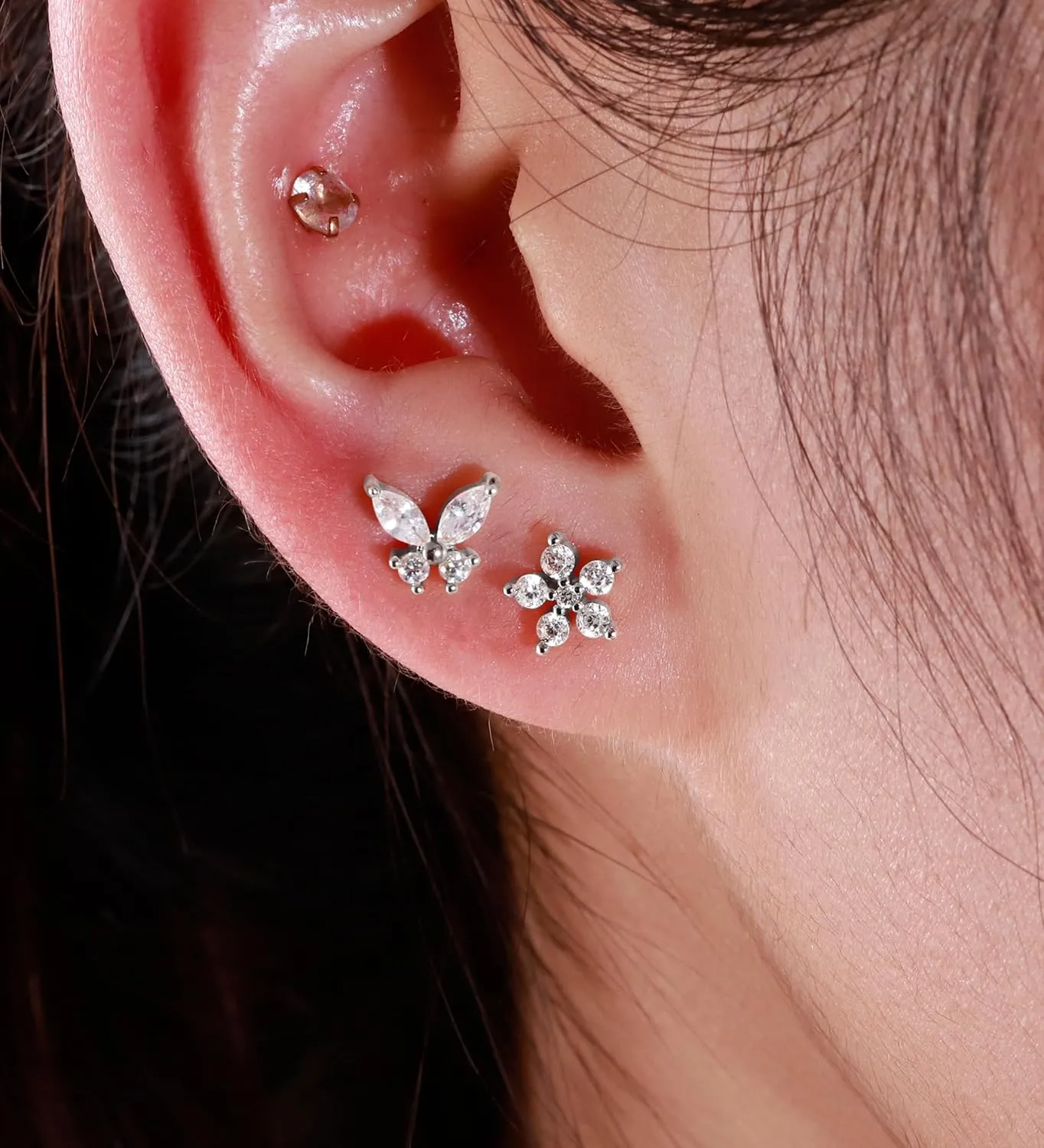 Flat Back Stud Earrings for Girls Women 14K Gold Plated Cartilage Stud Earrings 20G Hypoallergenic Surgical Steel Silver Butterfly Screw Back Nap Earrings Studs