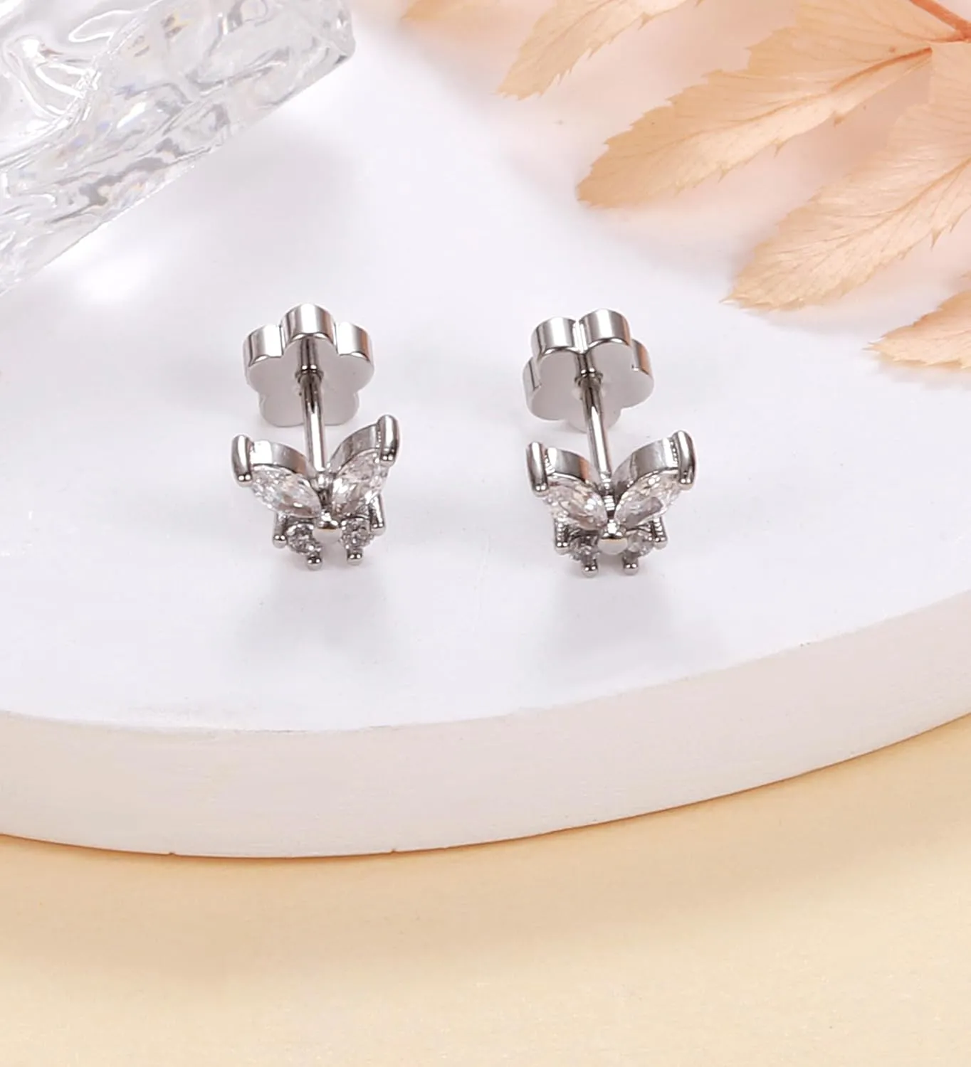 Flat Back Stud Earrings for Girls Women 14K Gold Plated Cartilage Stud Earrings 20G Hypoallergenic Surgical Steel Silver Butterfly Screw Back Nap Earrings Studs