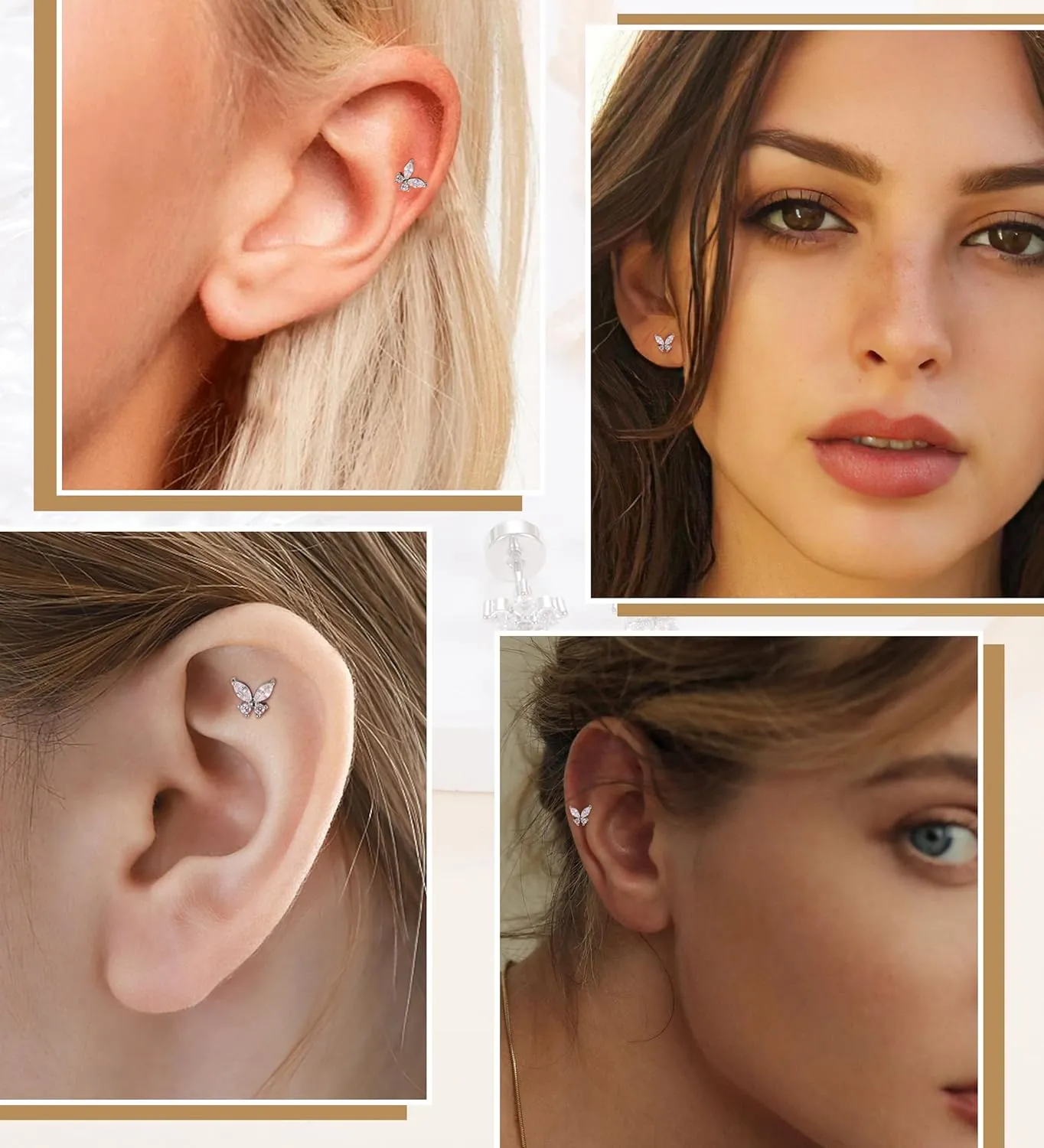 Flat Back Stud Earrings for Girls Women 14K Gold Plated Cartilage Stud Earrings 20G Hypoallergenic Surgical Steel Silver Butterfly Screw Back Nap Earrings Studs