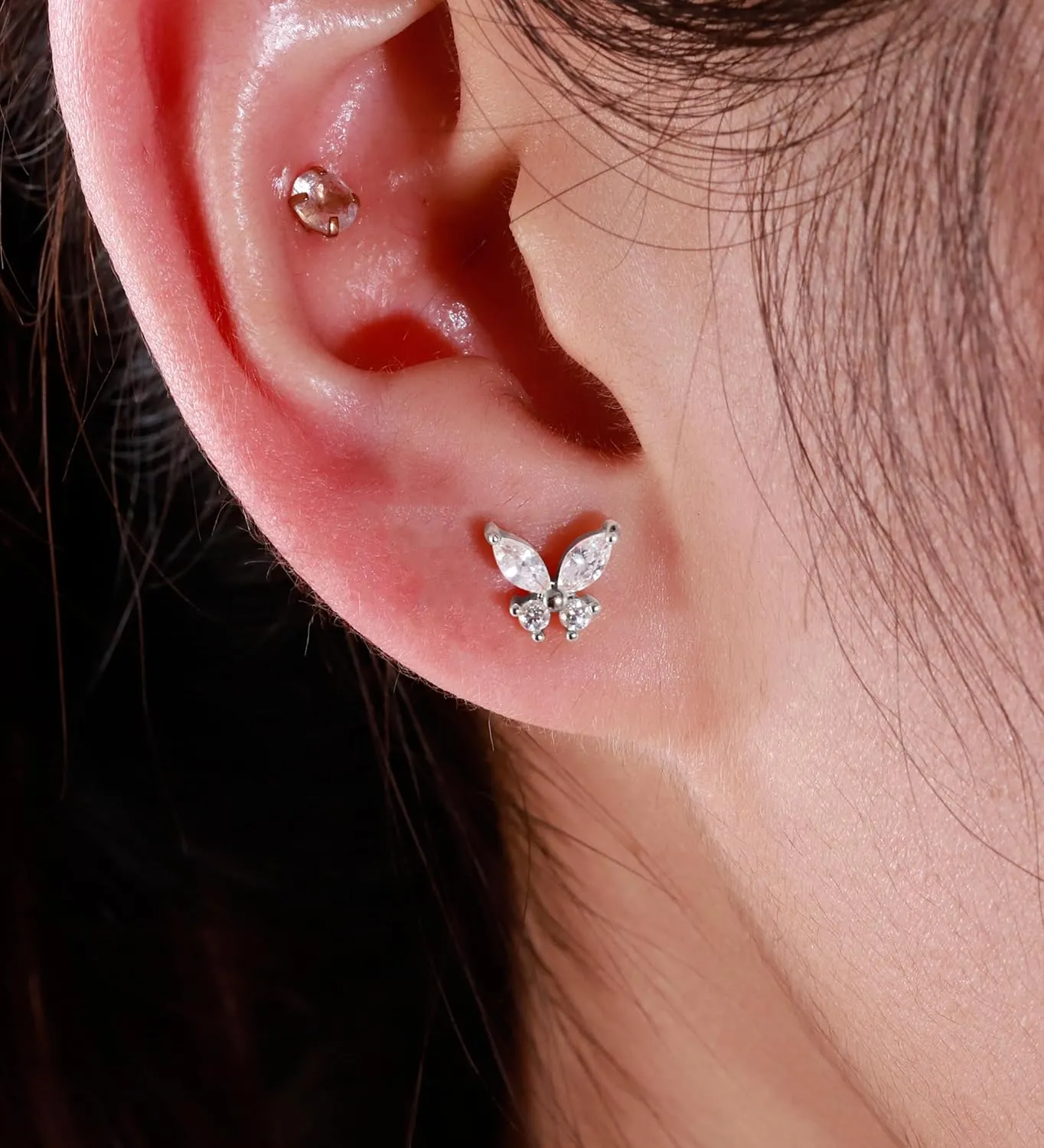 Flat Back Stud Earrings for Girls Women 14K Gold Plated Cartilage Stud Earrings 20G Hypoallergenic Surgical Steel Silver Butterfly Screw Back Nap Earrings Studs