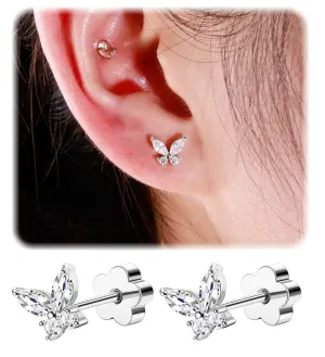 Flat Back Stud Earrings for Girls Women 14K Gold Plated Cartilage Stud Earrings 20G Hypoallergenic Surgical Steel Silver Butterfly Screw Back Nap Earrings Studs