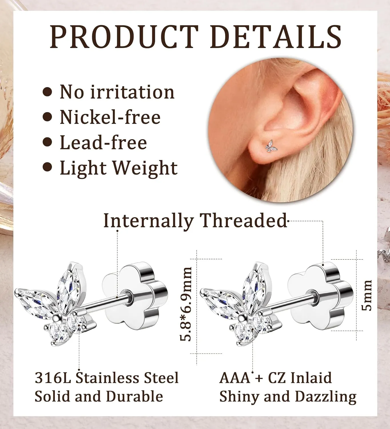 Flat Back Stud Earrings for Girls Women 14K Gold Plated Cartilage Stud Earrings 20G Hypoallergenic Surgical Steel Silver Butterfly Screw Back Nap Earrings Studs