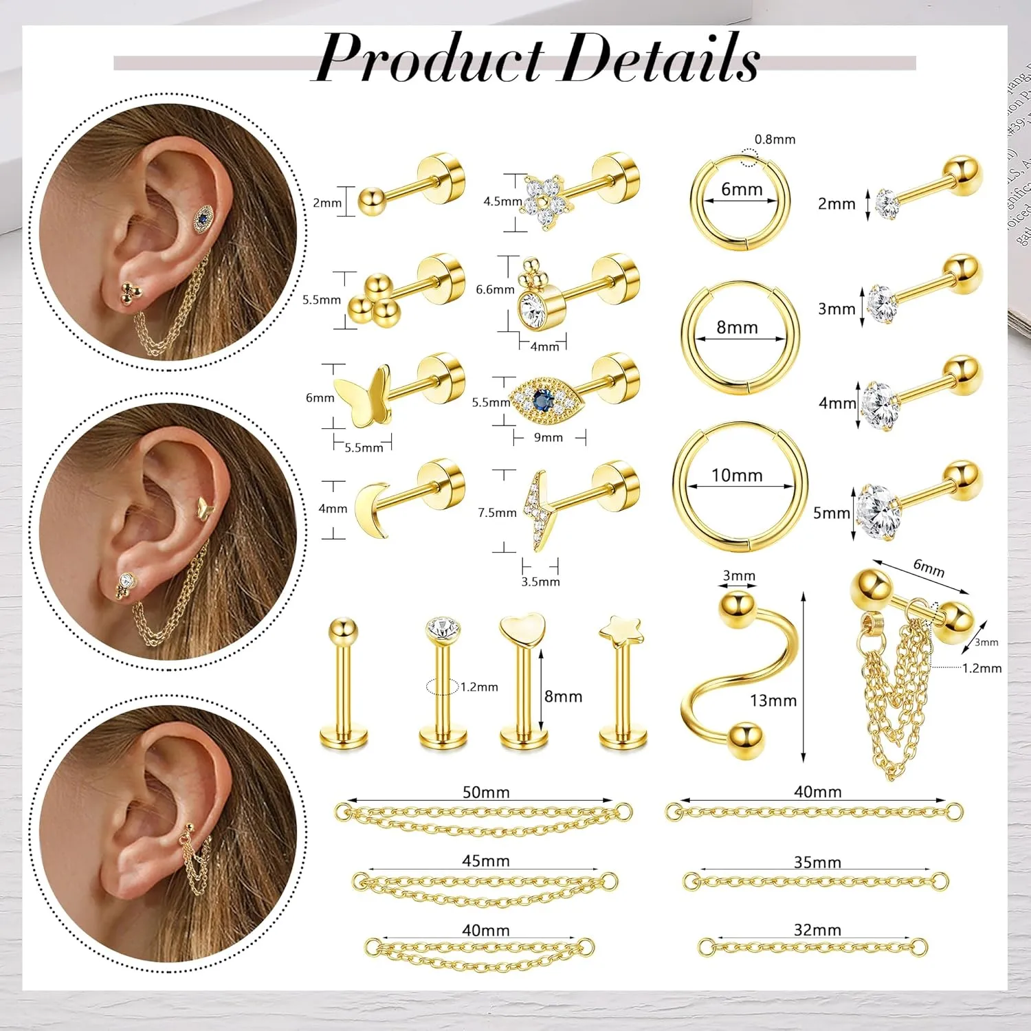 Florideco 16G Cartilage Earrings for Women Hypoallergenic Stainless Steel Huggie Hoop Earrings Flatback Stud Earrings CZ Cartilage Stud Earrings Chain Dangle Conch Daith Helix Tragus Piercing Jewelry