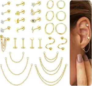 Florideco 16G Cartilage Earrings for Women Hypoallergenic Stainless Steel Huggie Hoop Earrings Flatback Stud Earrings CZ Cartilage Stud Earrings Chain Dangle Conch Daith Helix Tragus Piercing Jewelry