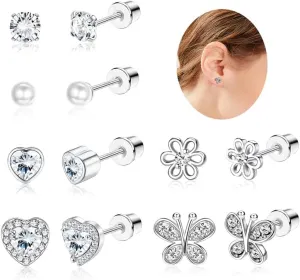 Florideco Hypoallergenic Earrings for Girls Women S925 Sterling Silver Stud Earrings Heart CZ Toddler Earrings Pearl Butterfly Girl Earrings Screw Back Earrings for Sensitive Ears(over 4 years old)