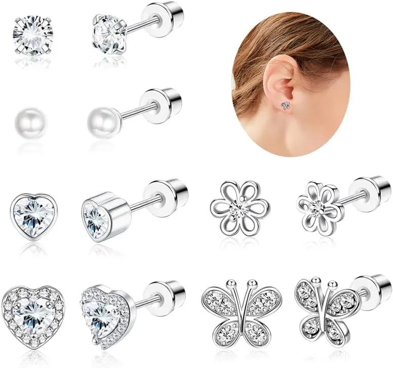 Florideco Hypoallergenic Earrings for Girls Women S925 Sterling Silver Stud Earrings Heart CZ Toddler Earrings Pearl Butterfly Girl Earrings Screw Back Earrings for Sensitive Ears(over 4 years old)