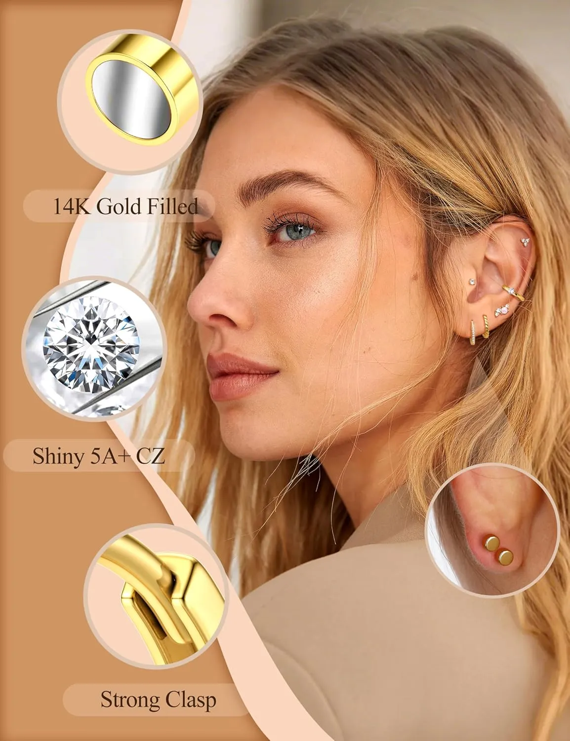 Florideco Small Gold Hoop Earrings 14K Gold Plated Hypoallergenic Flat Back Earrings Surgical Stainless Steel Cartilage Earring Sets for Multiple Piercing Trendy Earring Stacks Flatback Stud Earrings